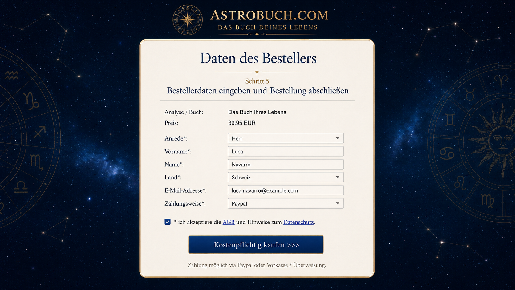 Eingabe der Bestellerdaten, Auswahl der Zahlungsweise und Zustimmung zu AGB und Datenschutz