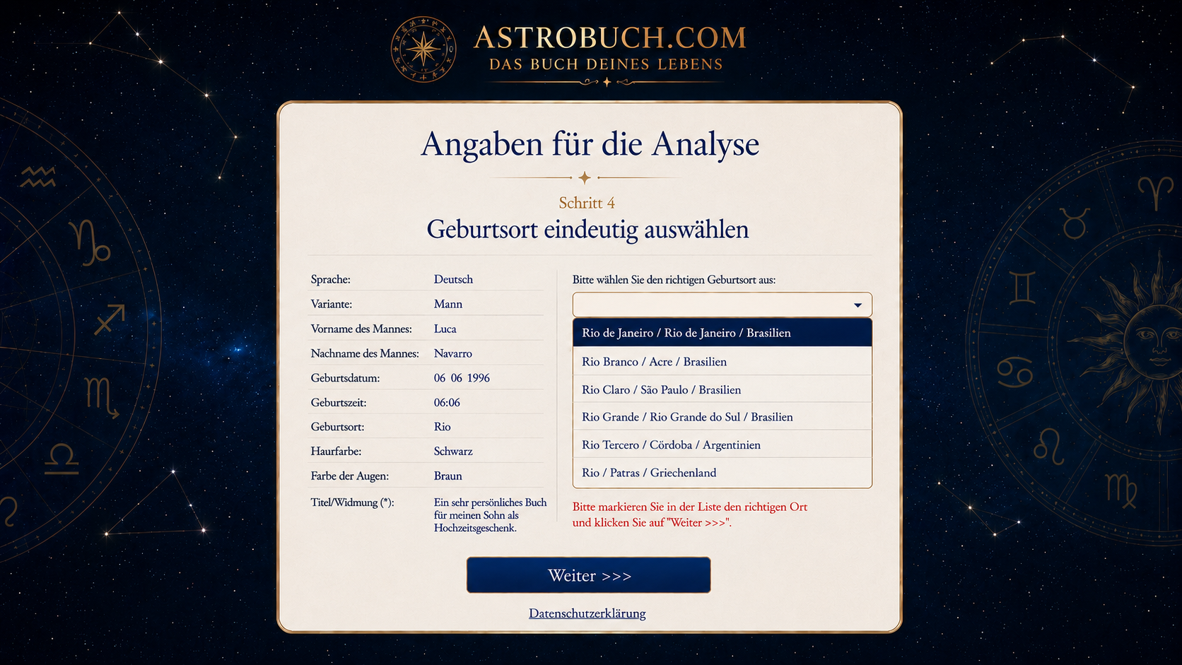 Auswahl des eindeutigen Geburtsorts aus mehreren Treffern für den Suchbegriff Rio
