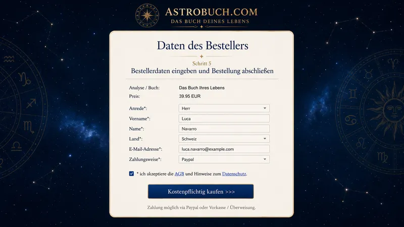 Eingabe der Bestellerdaten, Auswahl der Zahlungsweise und Zustimmung zu AGB und Datenschutz